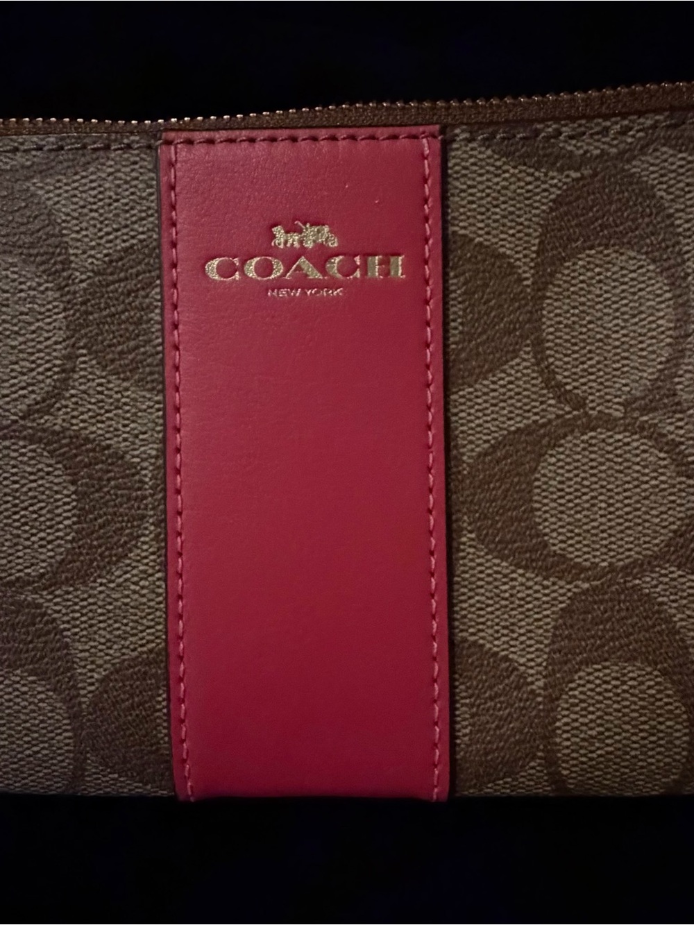 Coach Brown Signature Canvas Wristlet with Pink Leather Accent